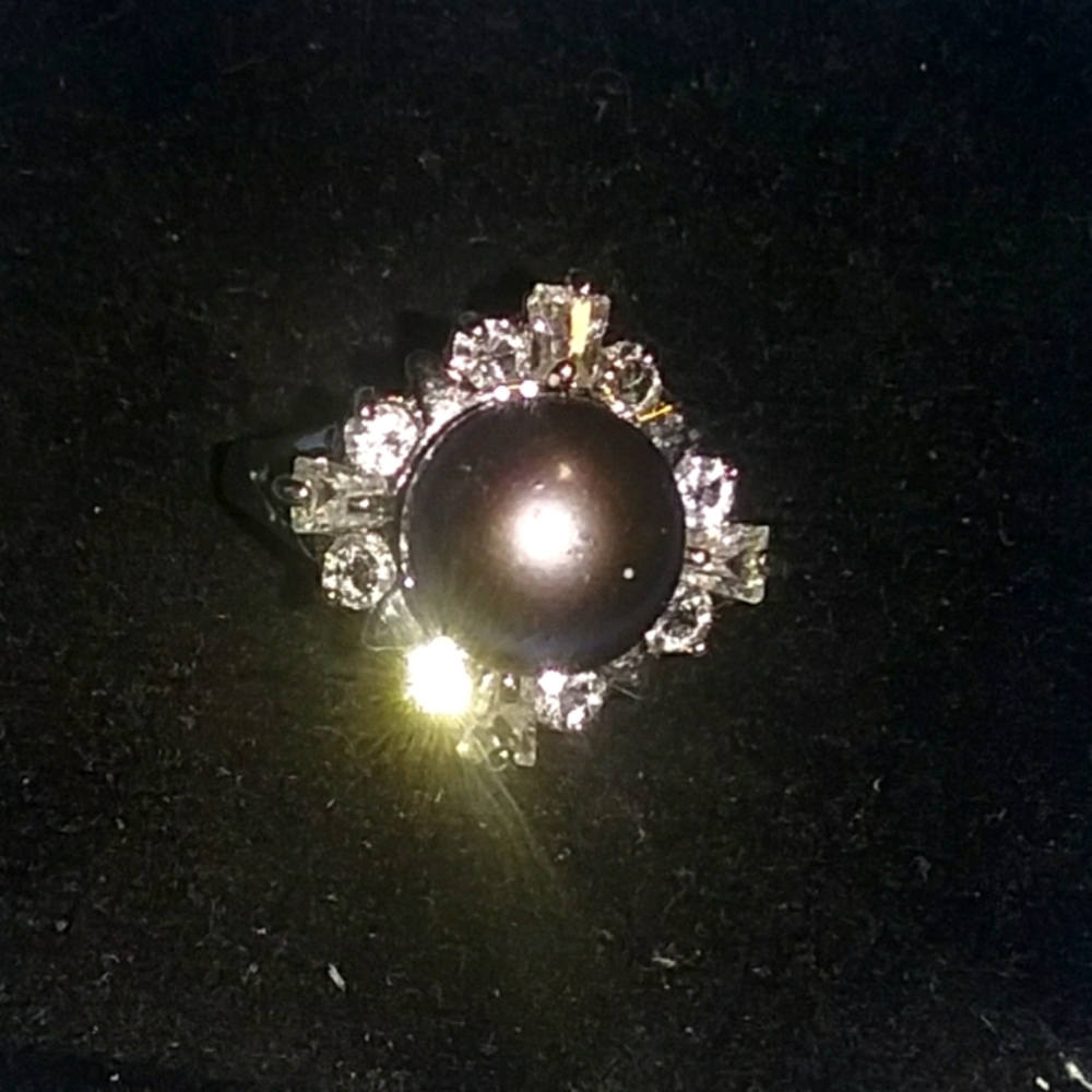 The Black Pearl Genuine Pearl & Crystals  Platinum Overlay Ring Stunning